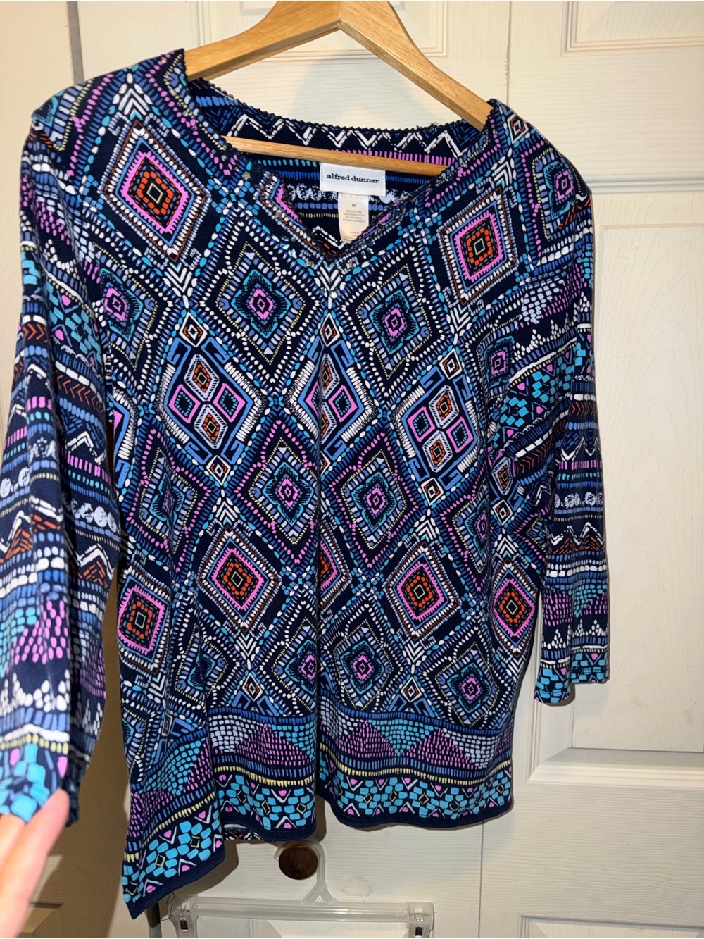 Alfred Dunner Navy Geometric Print beaded V-Neck Womens Top